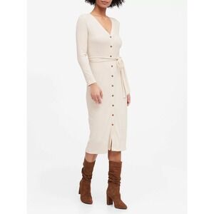 Banana Republic Cream Ribbed Knit Button Front Midi Dress Cardigan XS